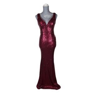 Crystal Doll Juniors' V-Neck Burgundy Sequin Gown 3 Prom Formal dress Mermaid